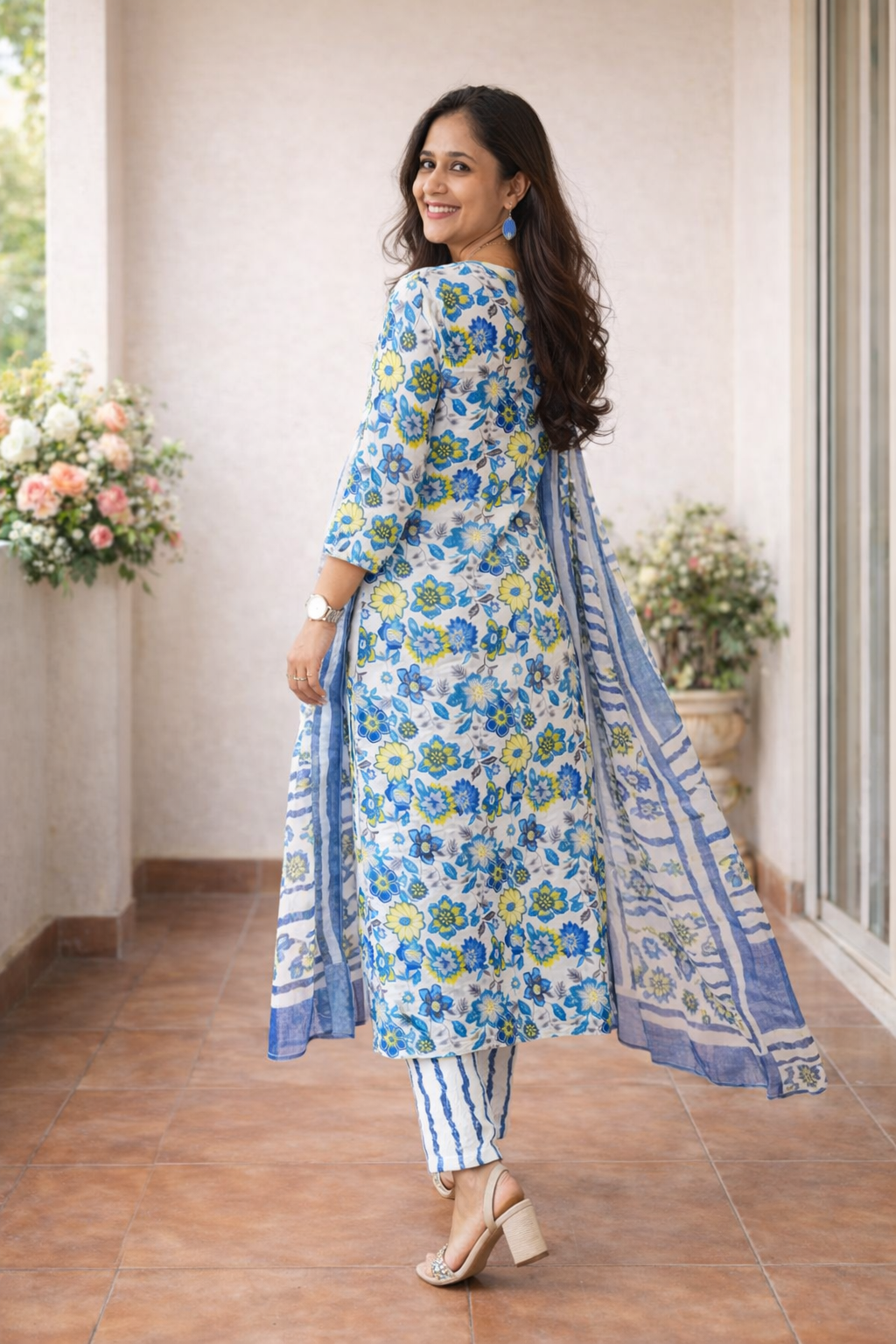 Cotton Flower Printed Straight Kurta, Pant and Dupatta Set-Light Blue