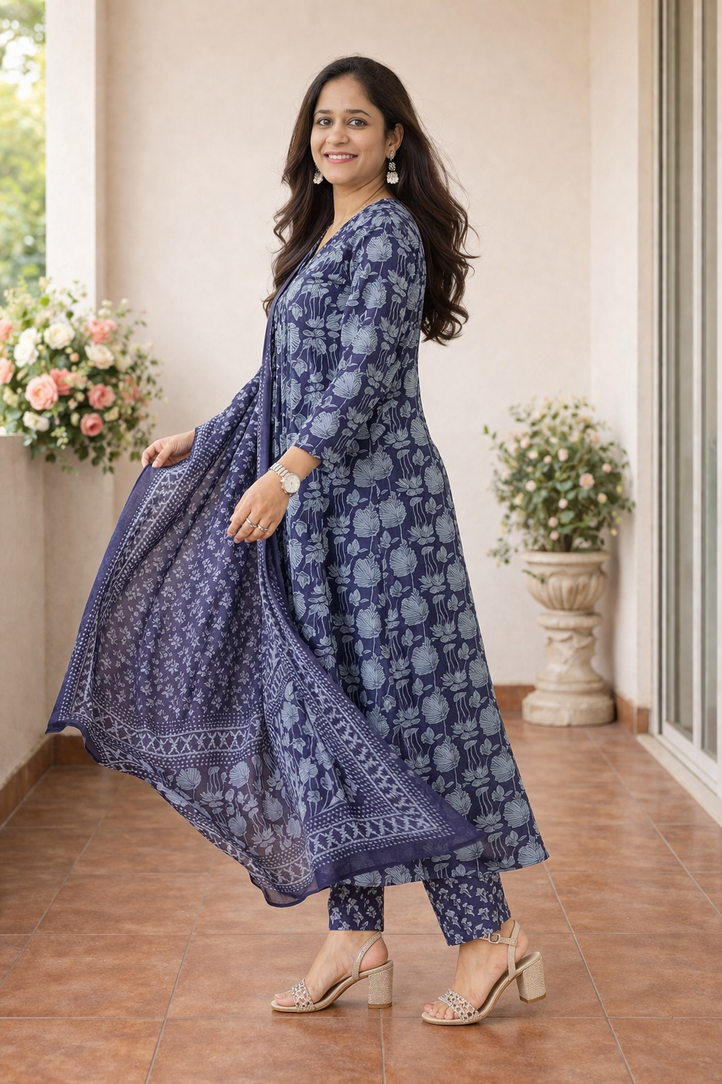 Cotton A-Line Printed Kurta with Pant and Dupatta Set-Blue