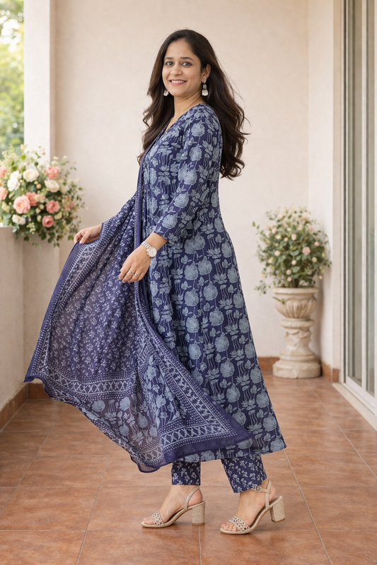 Cotton A-Line Printed Kurta with Pant and Dupatta Set-Blue