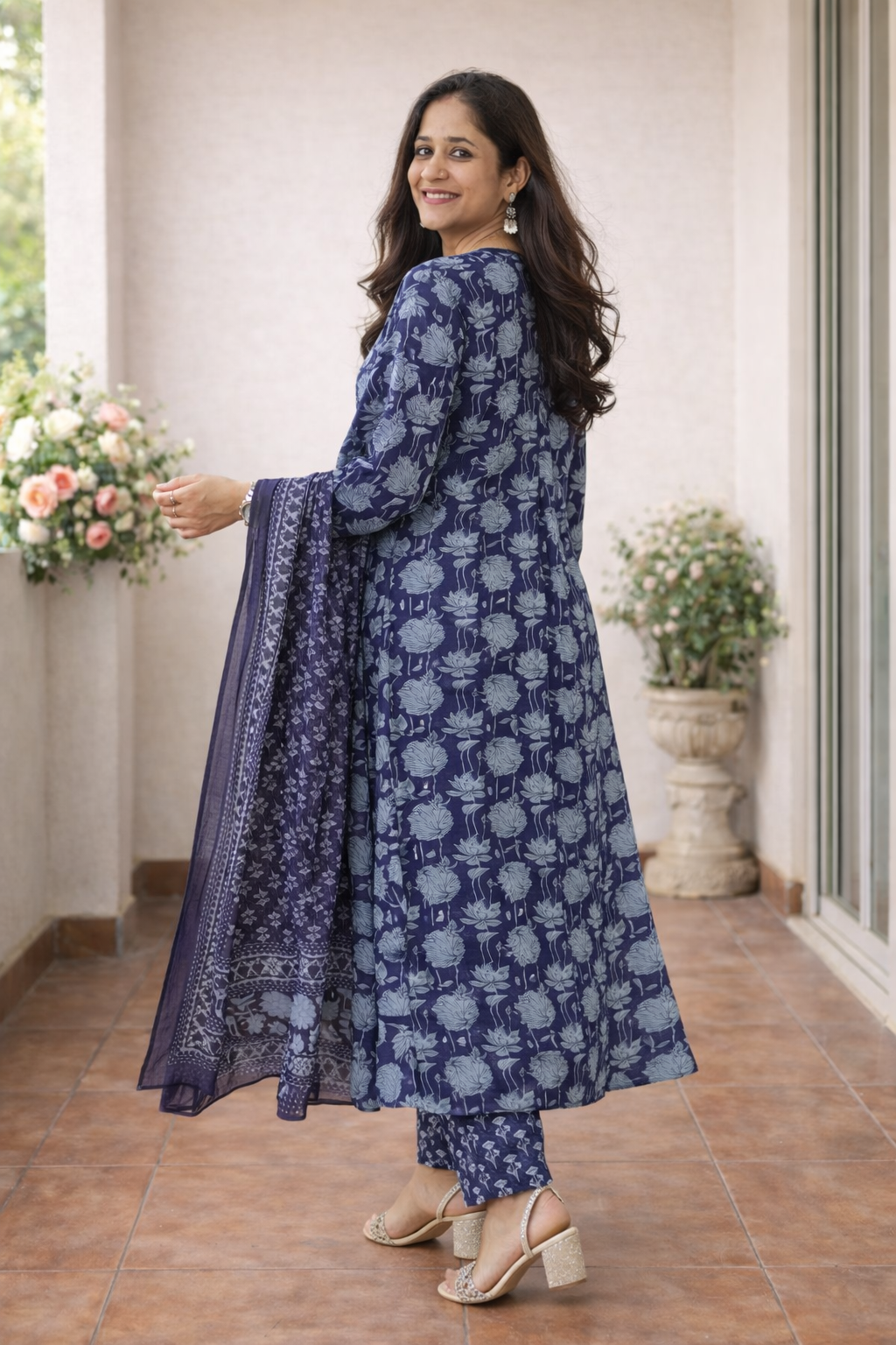 Cotton A-Line Printed Kurta with Pant and Dupatta Set-Blue