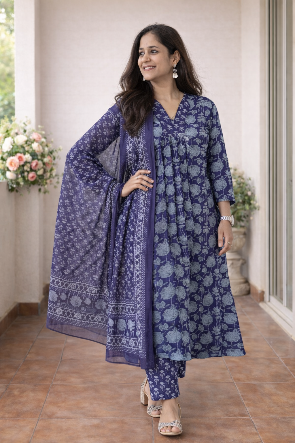 Cotton A-Line Printed Kurta with Pant and Dupatta Set-Blue