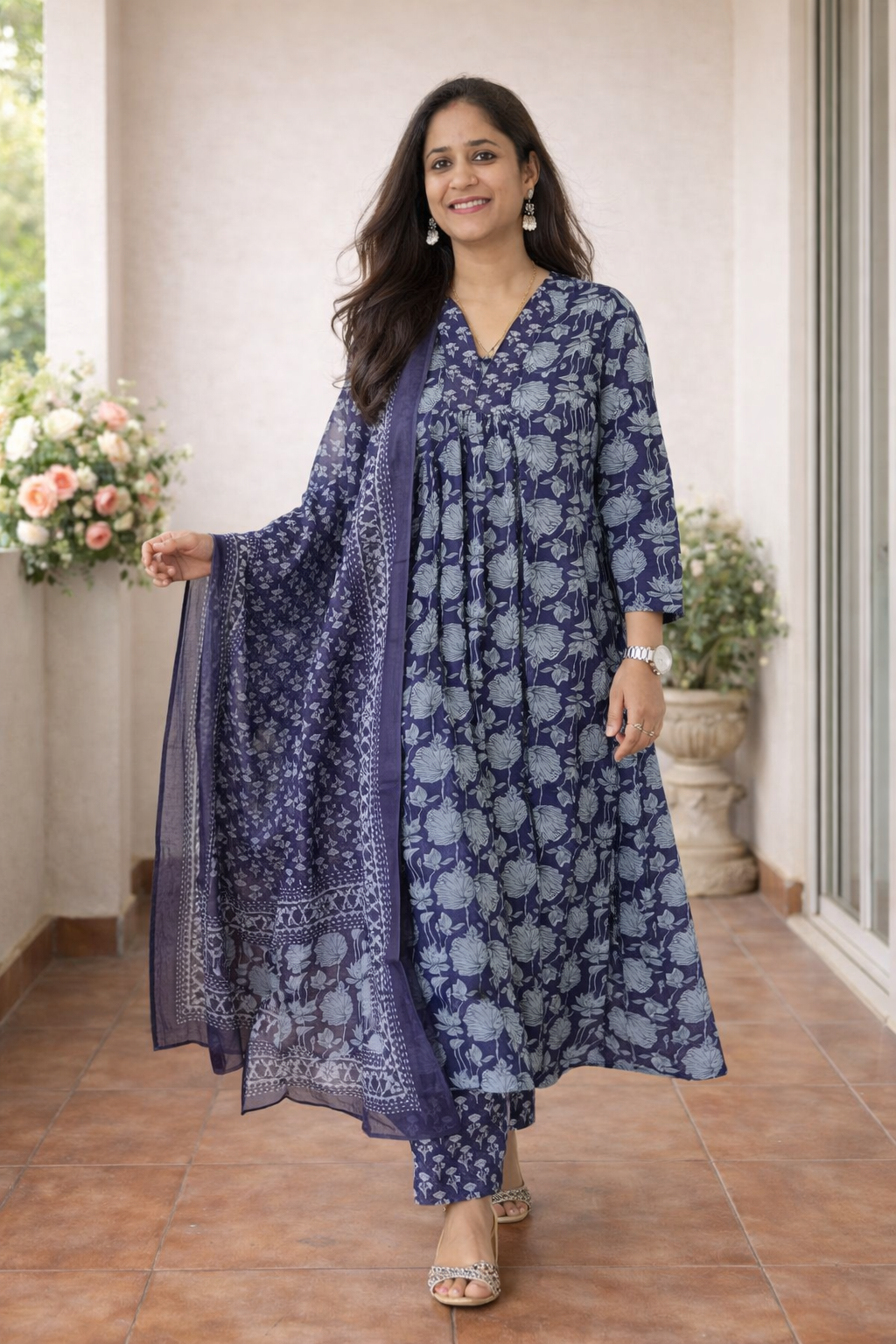 Cotton A-Line Printed Kurta with Pant and Dupatta Set-Blue