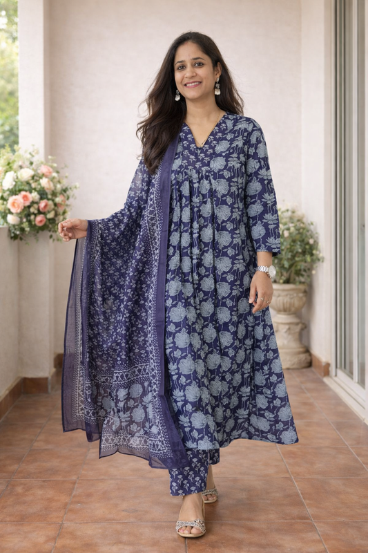 Cotton A-Line Printed Kurta with Pant and Dupatta Set-Blue