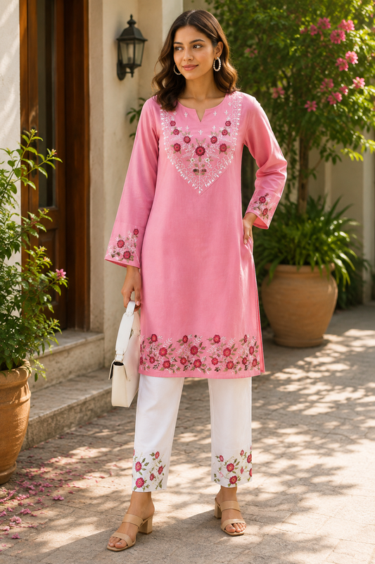 Cotton Embroidered straight Kurta Pant-Pink