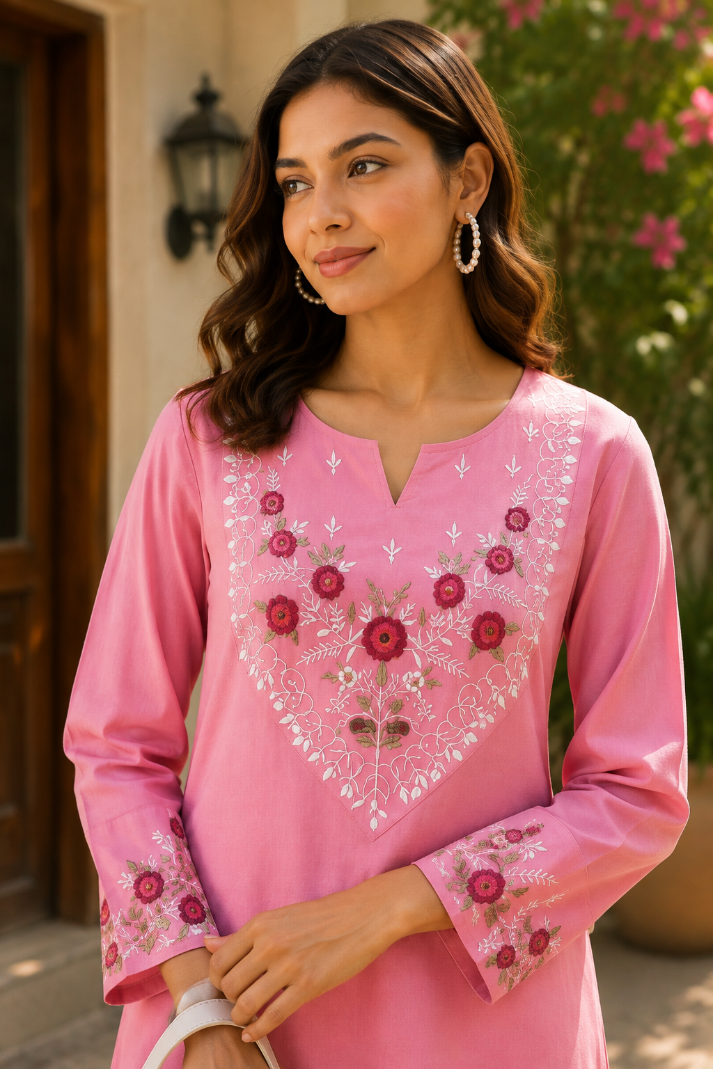 Cotton Embroidered straight Kurta Pant-Pink