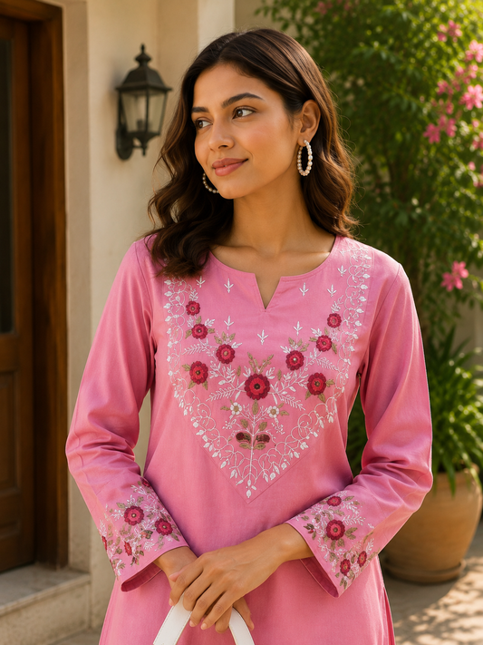 Cotton Embroidered straight Kurta Pant-Pink