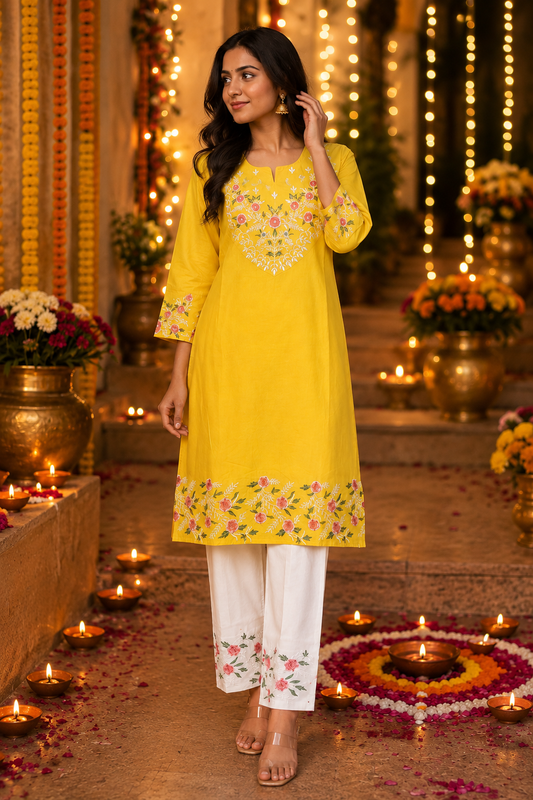 Cotton Embroidered straight Kurta Pant-Yellow