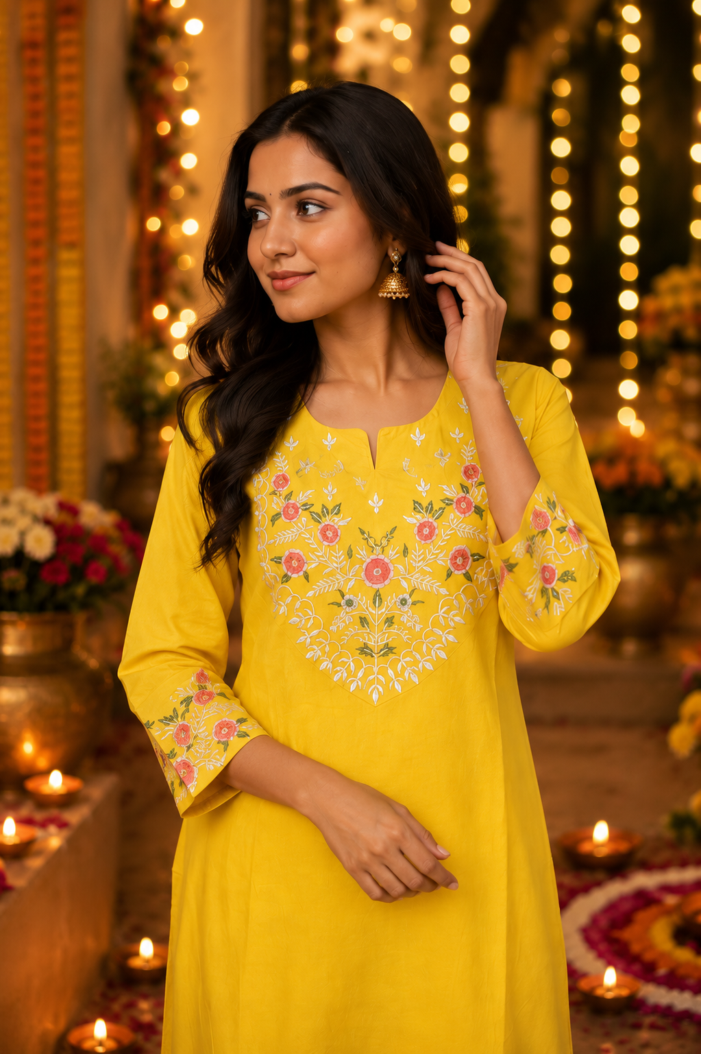 Cotton Embroidered straight Kurta Pant-Yellow