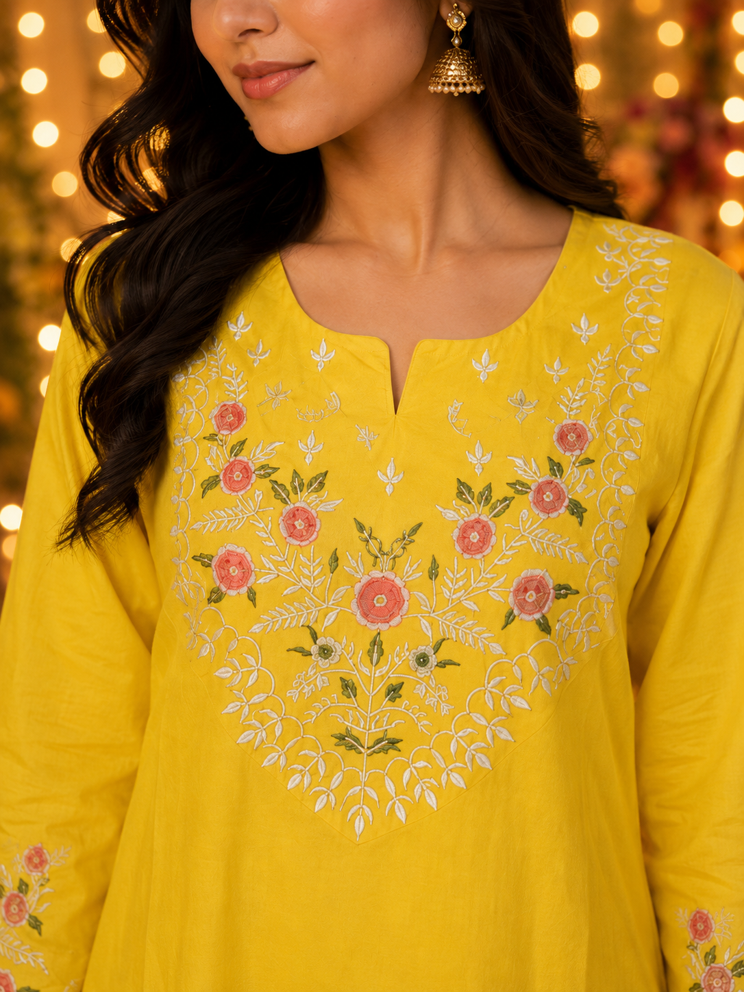 Cotton Embroidered straight Kurta Pant-Yellow