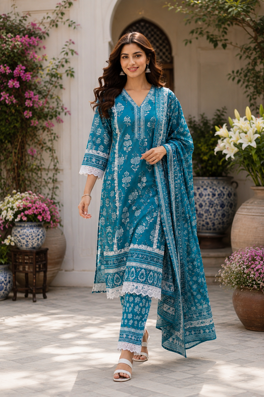 Premium Embroidered Cotton kurta Pant Set-Teal Blue