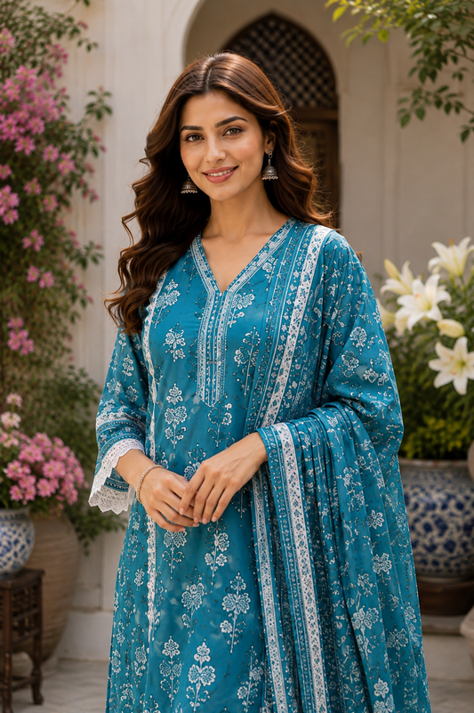 Premium Embroidered Cotton kurta Pant Set-Teal Blue