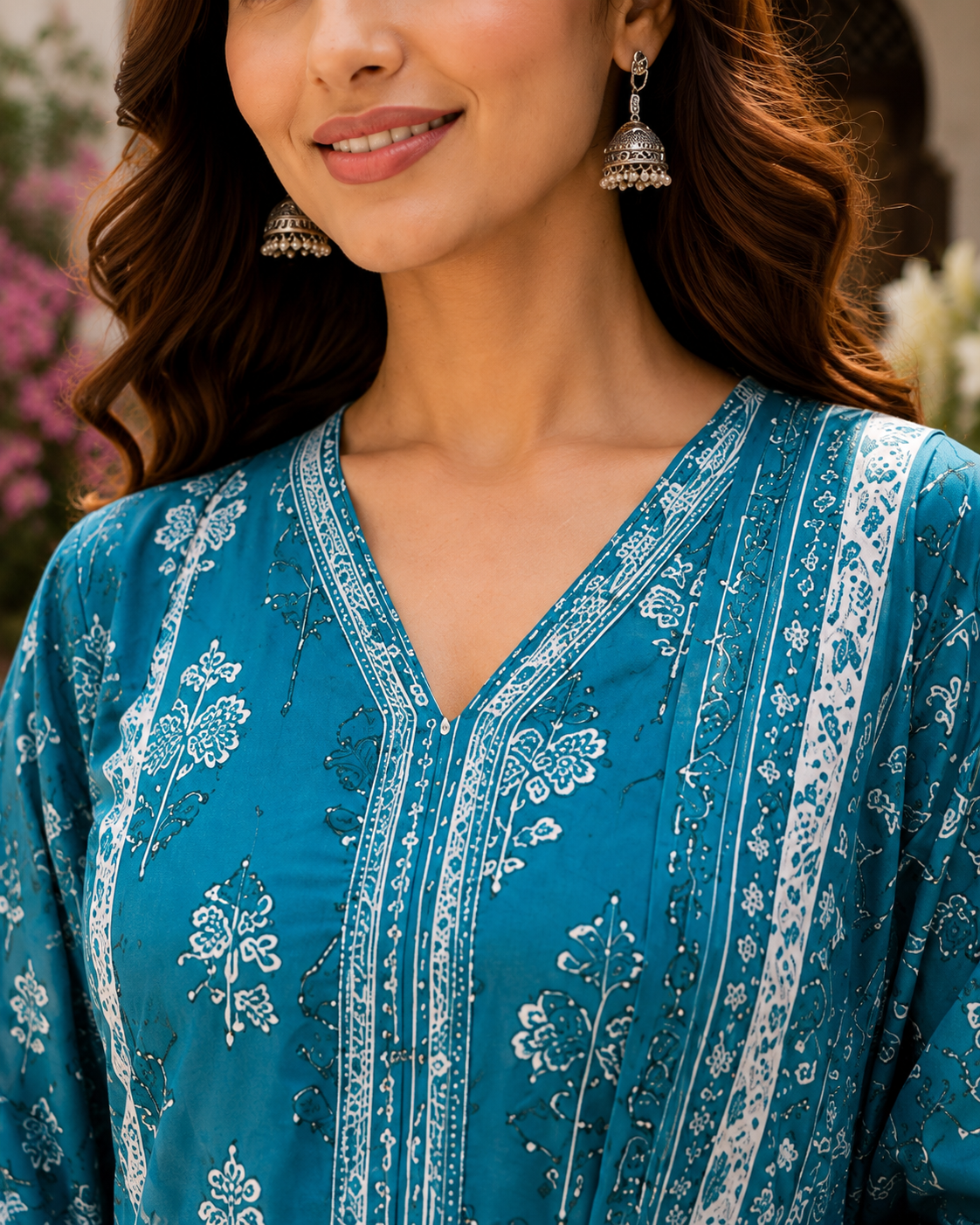 Premium Embroidered Cotton kurta Pant Set-Teal Blue