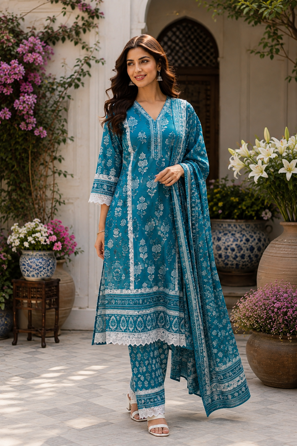 Premium Embroidered Cotton kurta Pant Set-Teal Blue