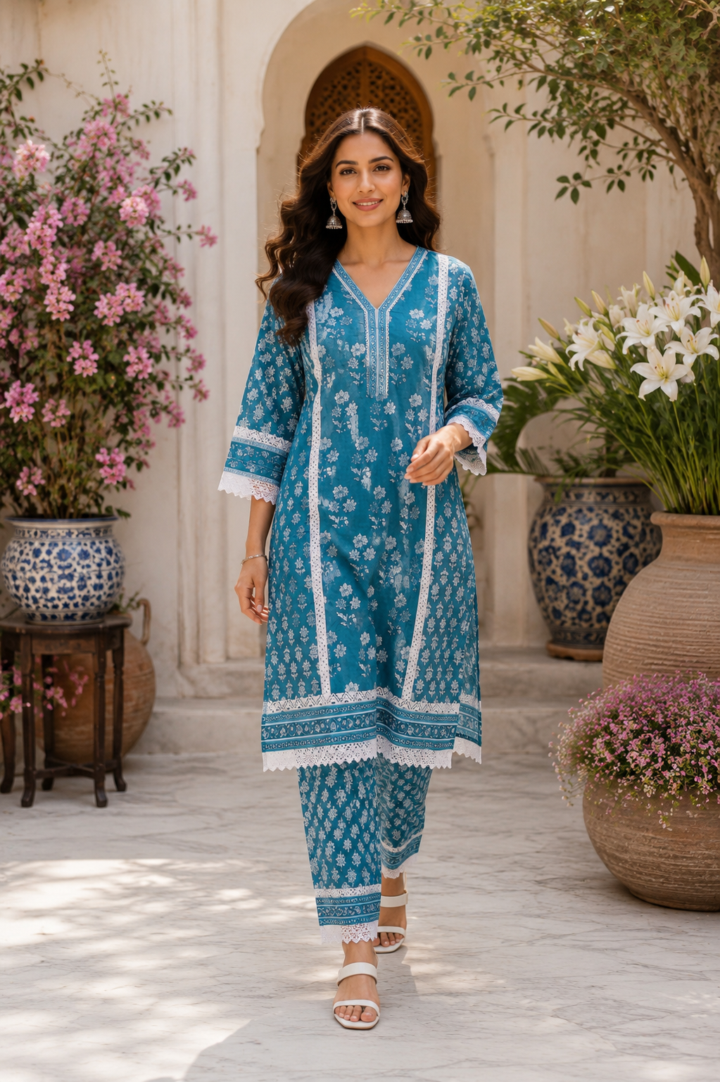 Premium Embroidered Cotton kurta Pant Set-Teal Blue