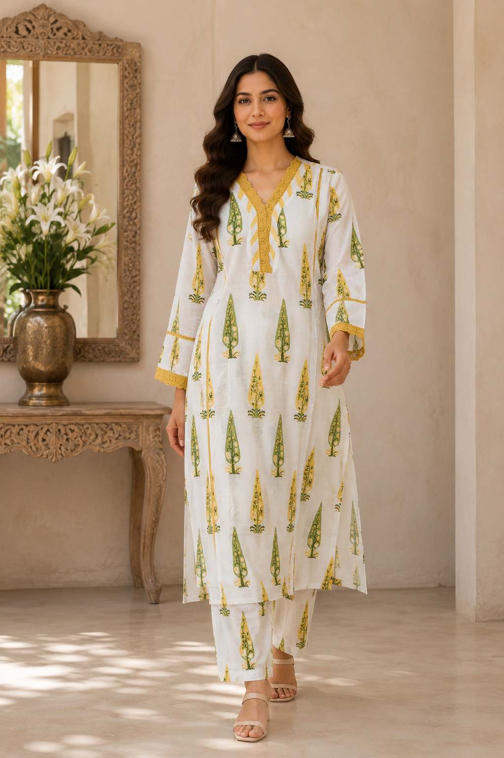 Premium Mugal printed with Lace work Cotton Kurta, Pant and Dupatta-White and Yellow
