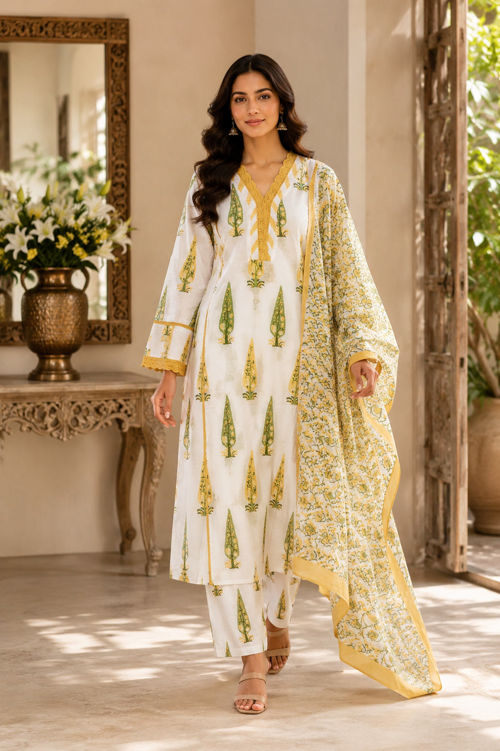Premium Mugal printed with Lace work Cotton Kurta, Pant and Dupatta-White and Yellow