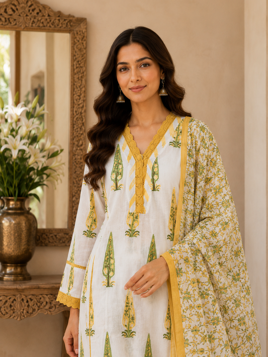Premium Mugal printed with Lace work Cotton Kurta, Pant and Dupatta-White and Yellow