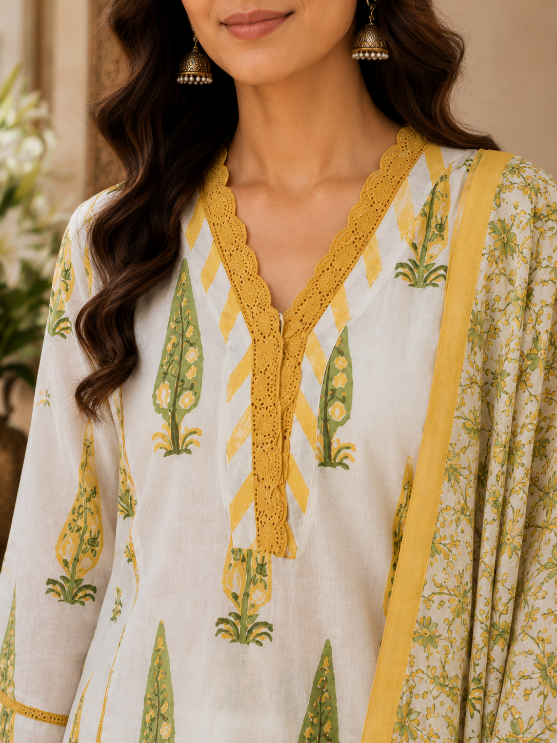 Premium Mugal printed with Lace work Cotton Kurta, Pant and Dupatta-White and Yellow