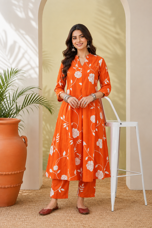 Floral Printed Pure Cotton Anarkali Kurta With Pant-Orange