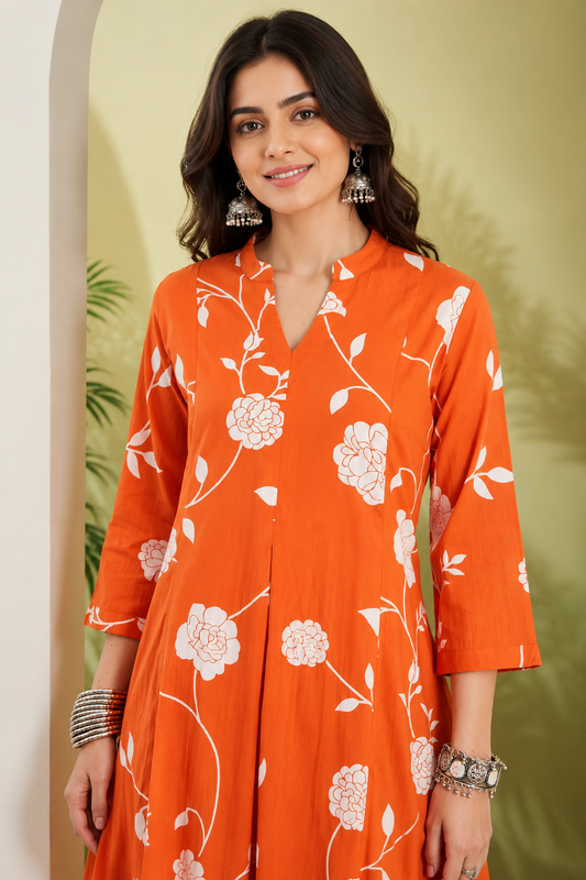 Floral Printed Pure Cotton Anarkali Kurta With Pant-Orange