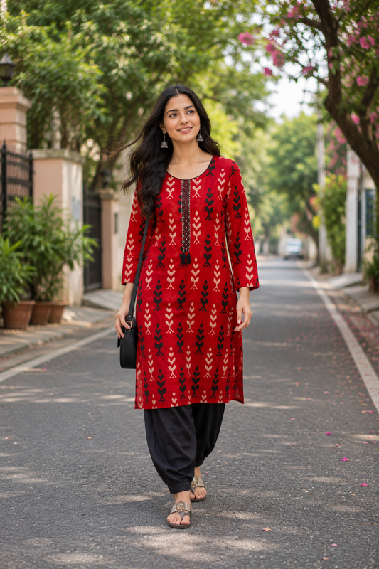 Premium Cotton Straight Kurta Afghani Pant set- Red