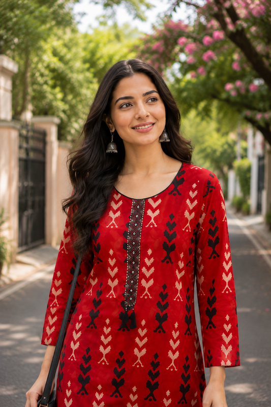 Premium Cotton Straight Kurta Afghani Pant set- Red