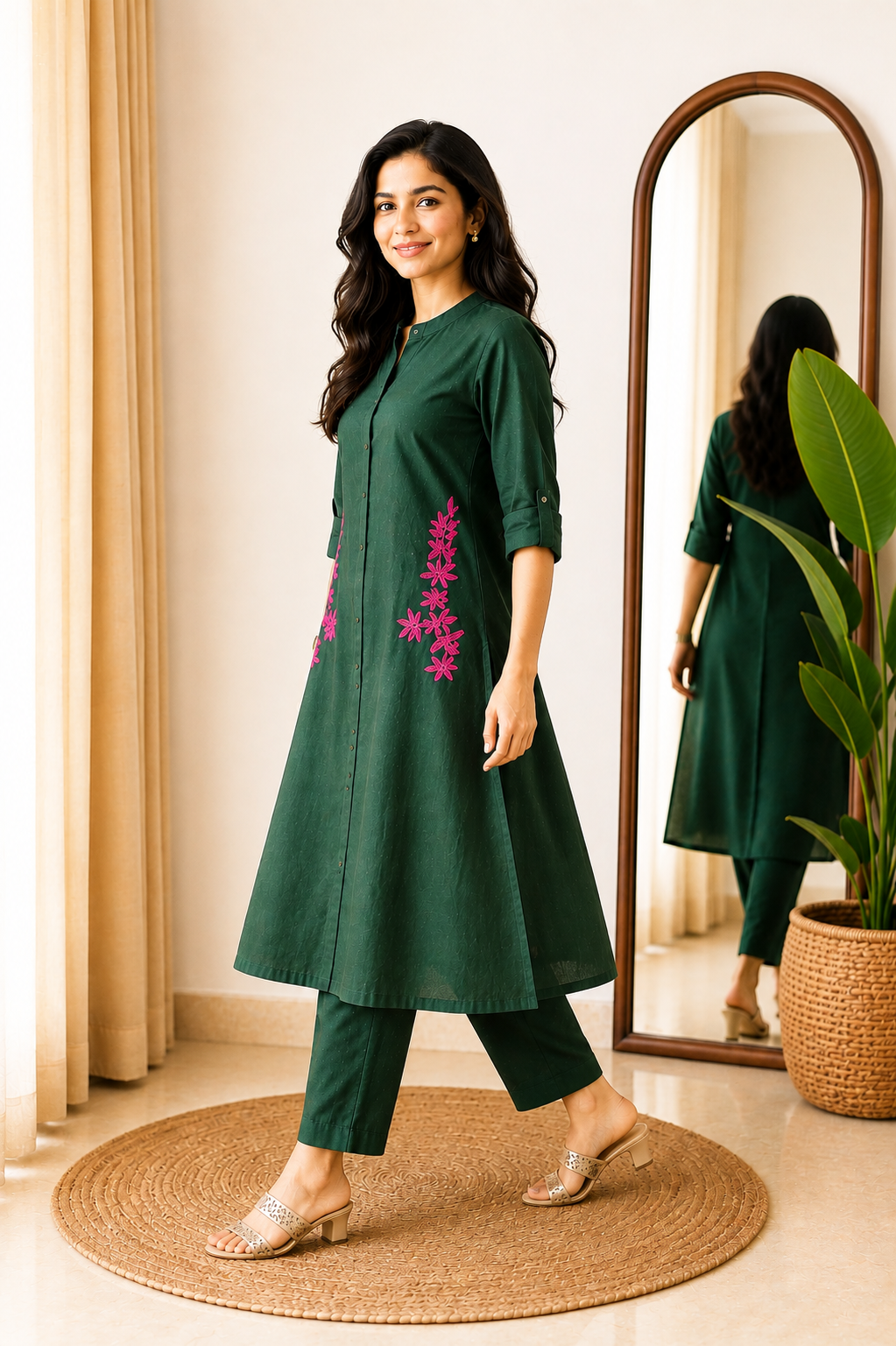 Cotton A-Line Embroidered Kurta Pant Set-Green