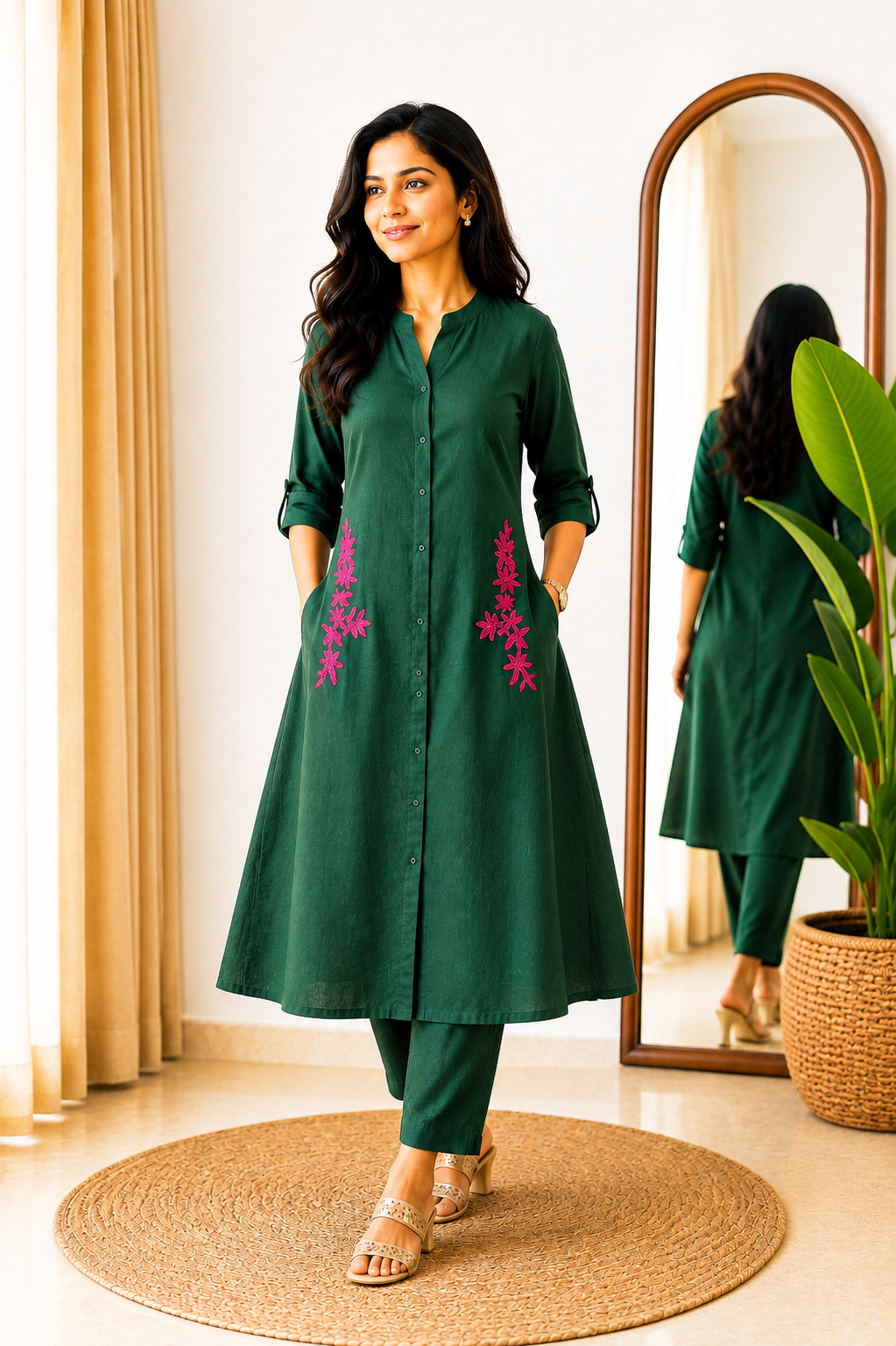 Cotton A-Line Embroidered Kurta Pant Set-Green