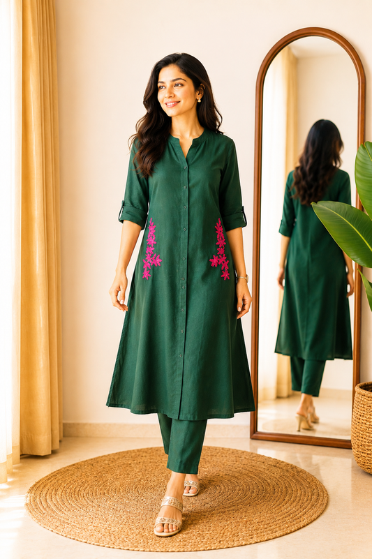 Cotton A-Line Embroidered Kurta Pant Set-Green