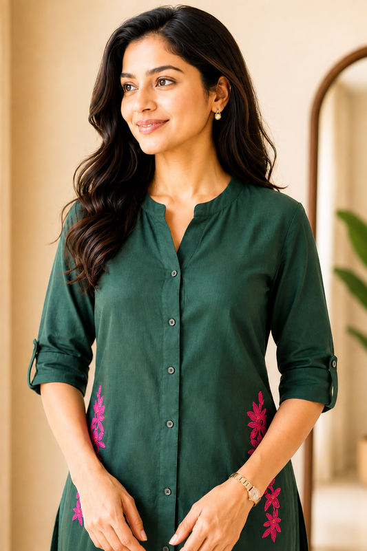 Cotton A-Line Embroidered Kurta Pant Set-Green