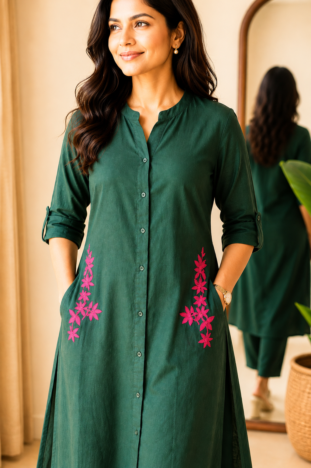 Cotton A-Line Embroidered Kurta Pant Set-Green