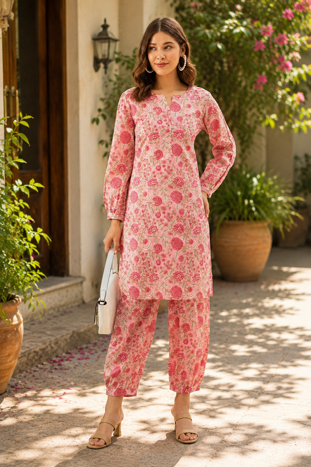Floral Printed Cotton Co-ord set-Pink