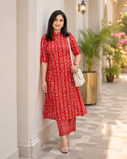 Cotton Printed Straight Kurta Pant Set-Red