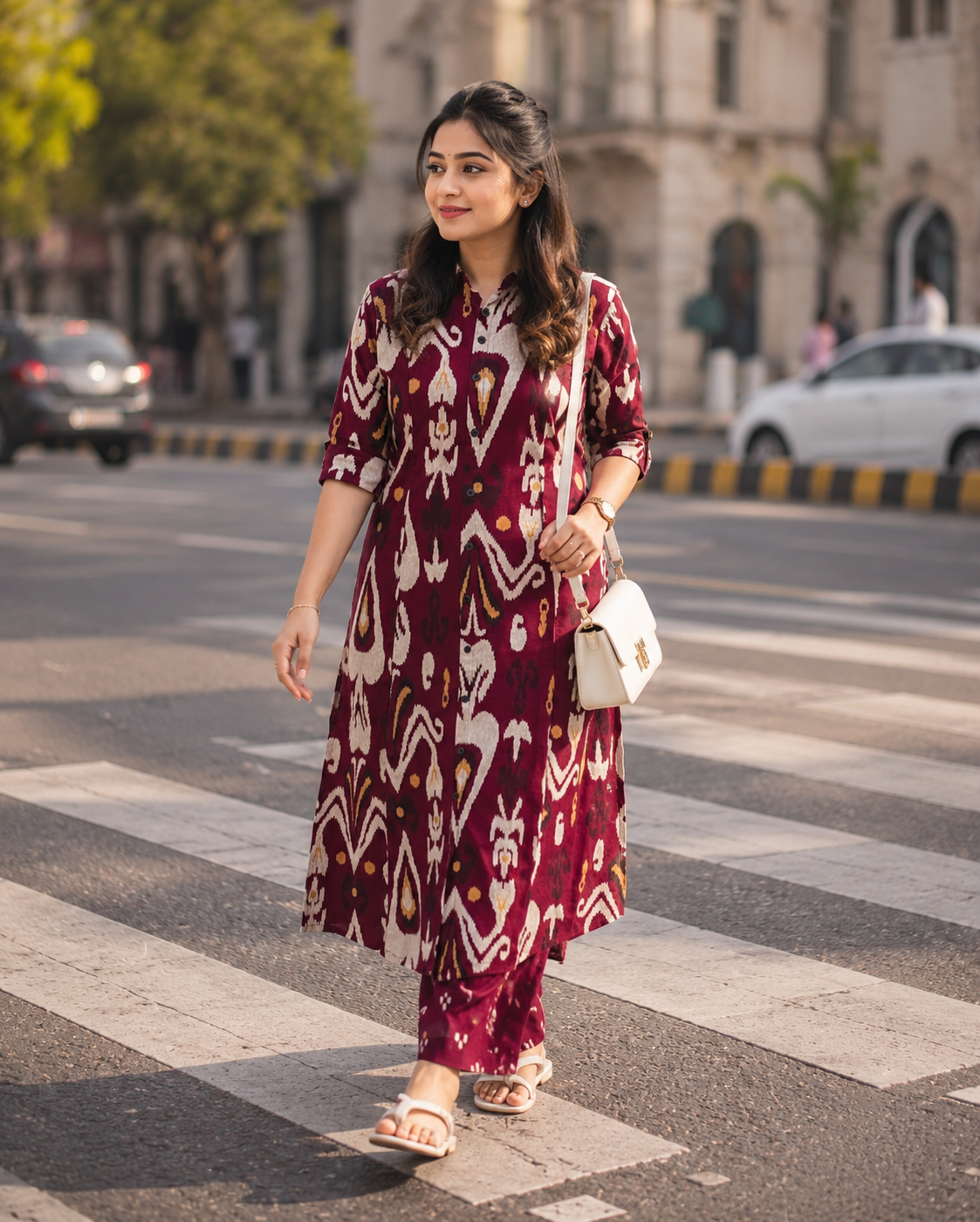 Cotton Printed Straight Kurta Pant Set- Wine