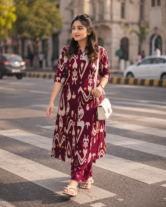 Cotton Printed Straight Kurta Pant Set- Wine