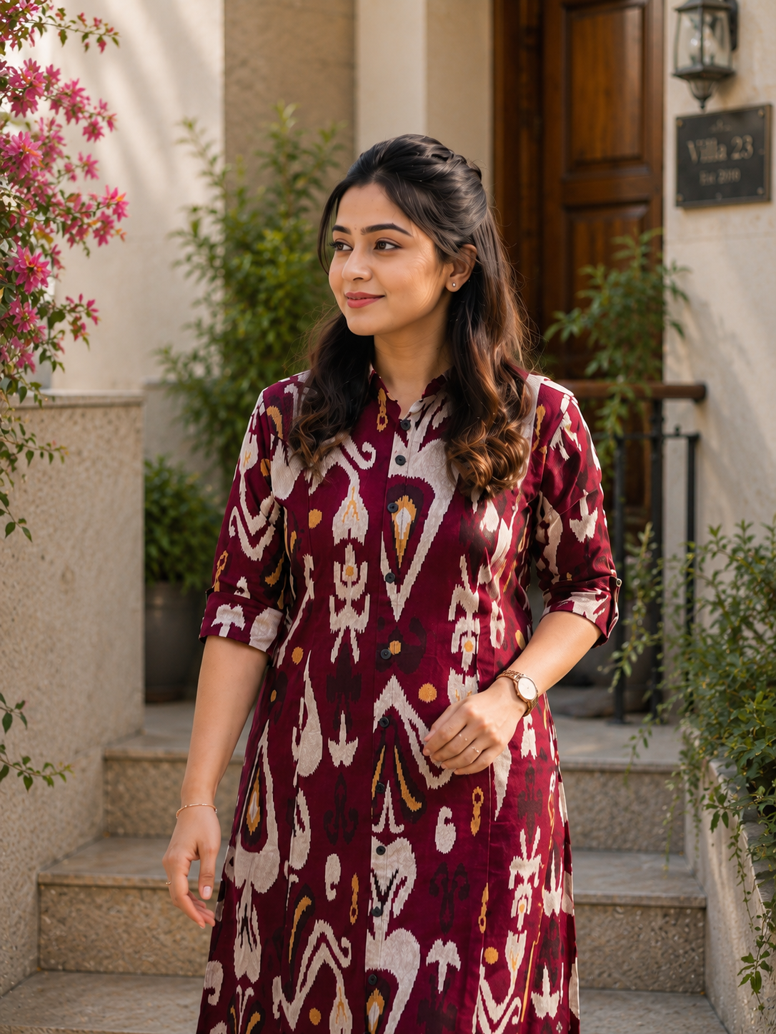 Cotton Printed Straight Kurta Pant Set- Wine