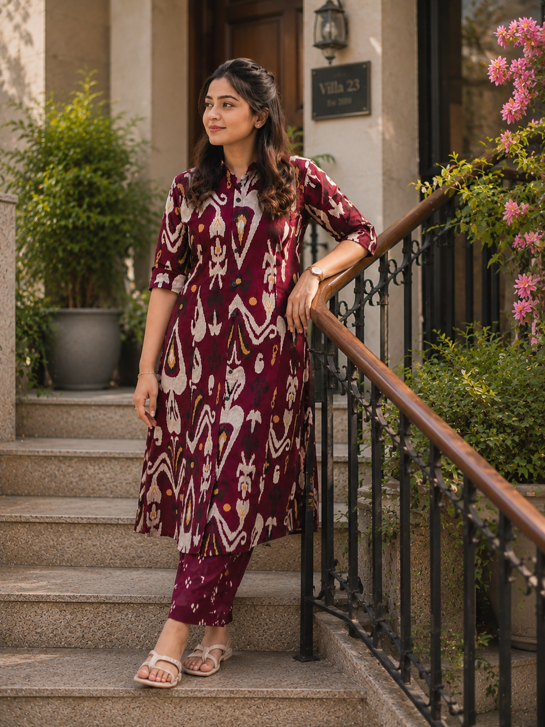 Cotton Printed Straight Kurta Pant Set- Wine