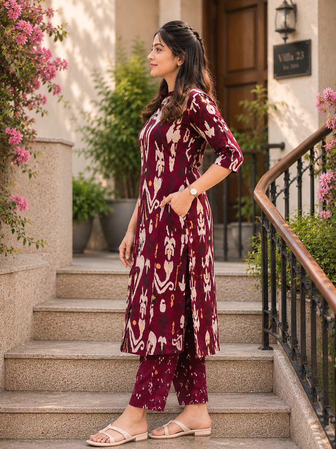 Cotton Printed Straight Kurta Pant Set- Wine