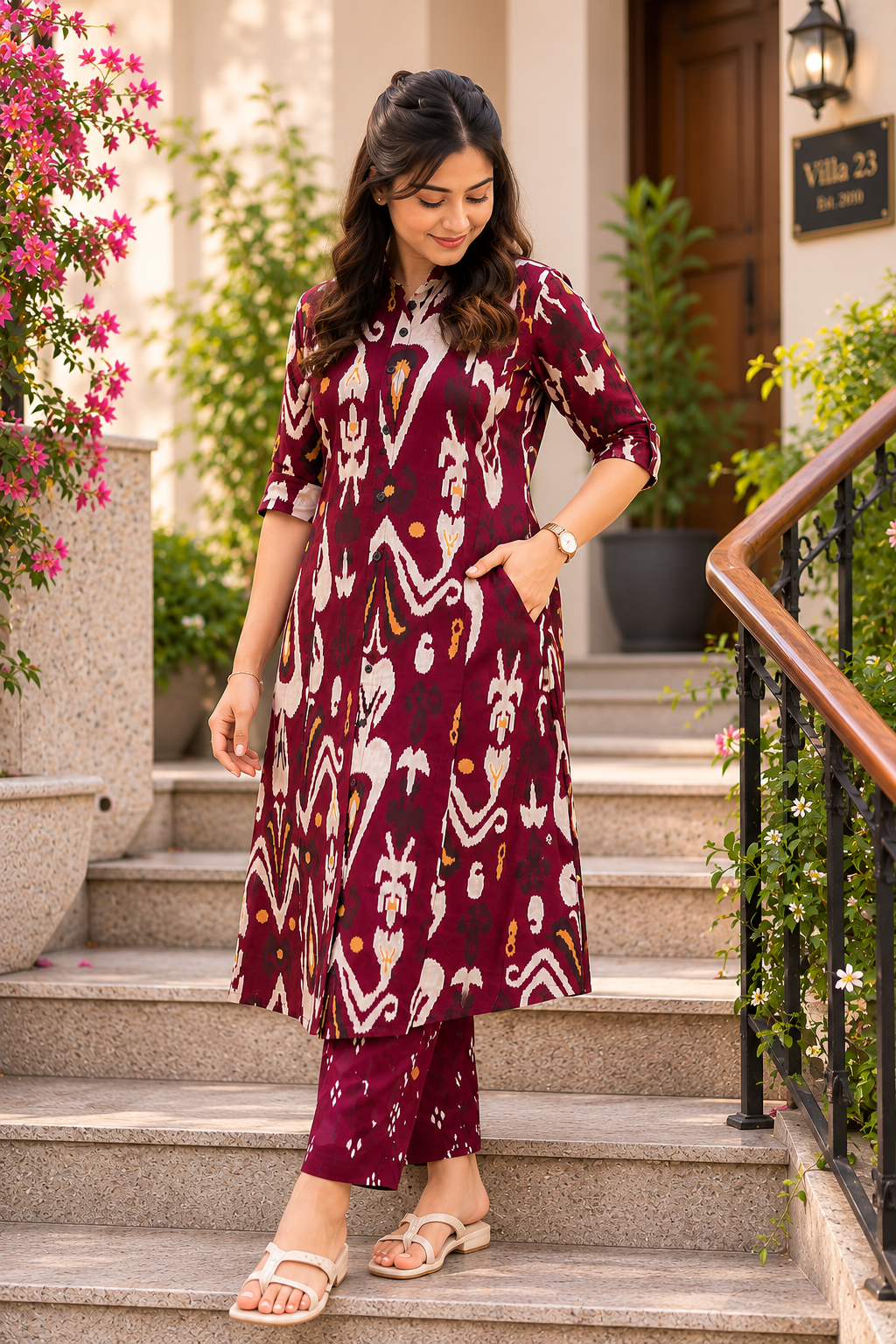 Cotton Printed Straight Kurta Pant Set- Wine