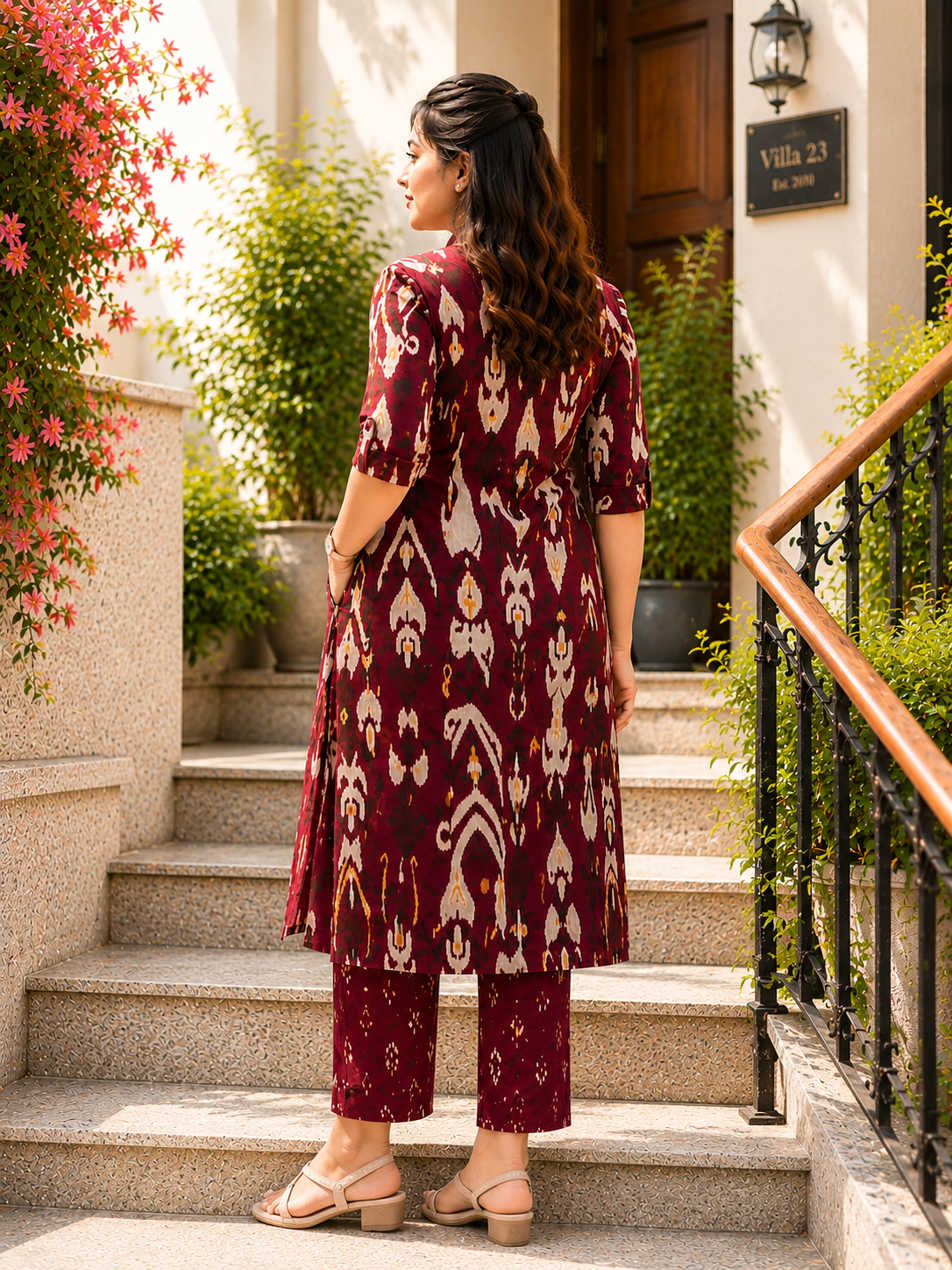 Cotton Printed Straight Kurta Pant Set- Wine