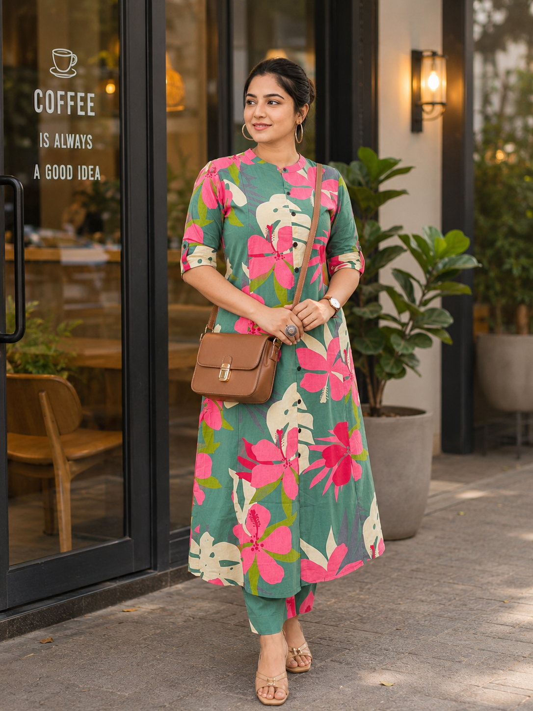 Cotton Printed Straight Kurta Pant Set- Green