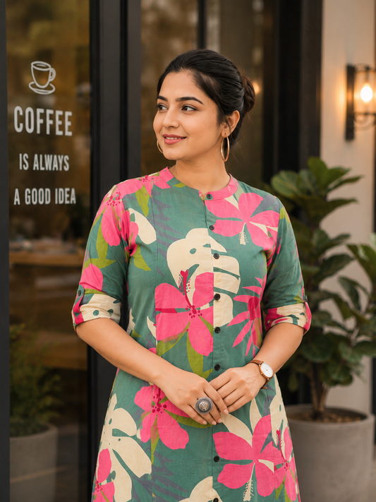 Cotton Printed Straight Kurta Pant Set- Green