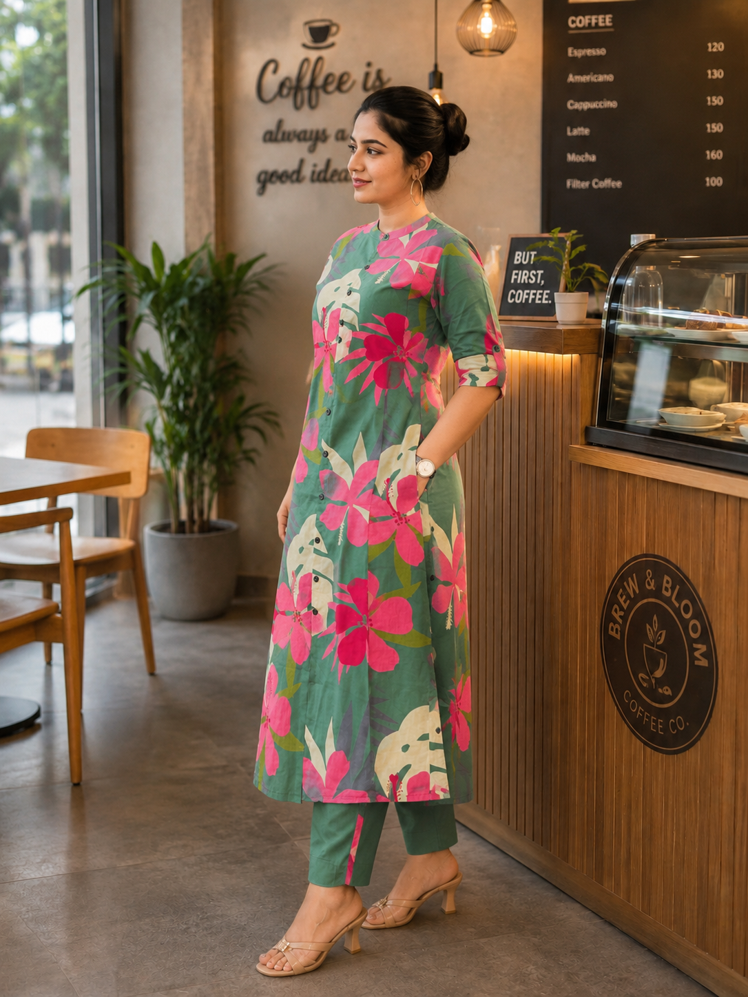 Cotton Printed Straight Kurta Pant Set- Green