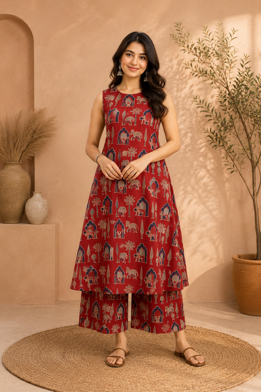 Premium Pinted cotton kurta Palazzo set- Red