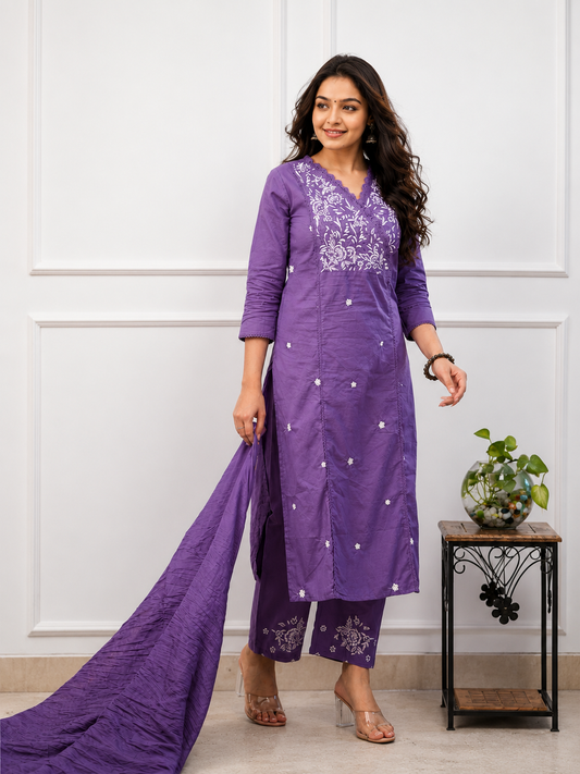 Premium Cotton Kurta Set With Dupatta - Purple.