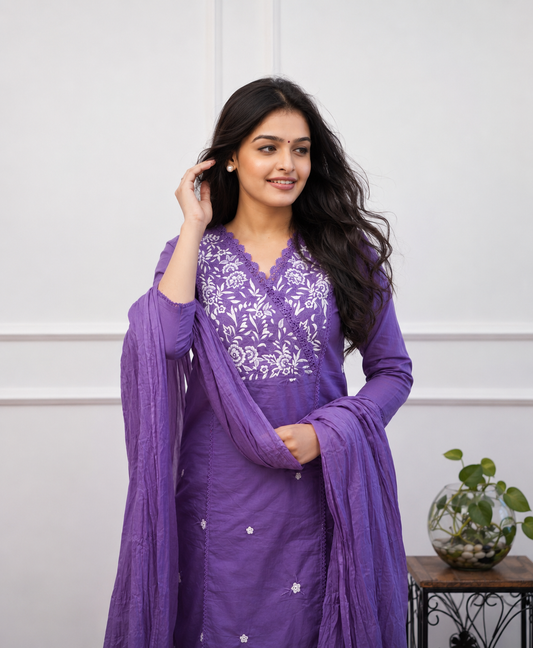 Premium Cotton Kurta Set With Dupatta - Purple.