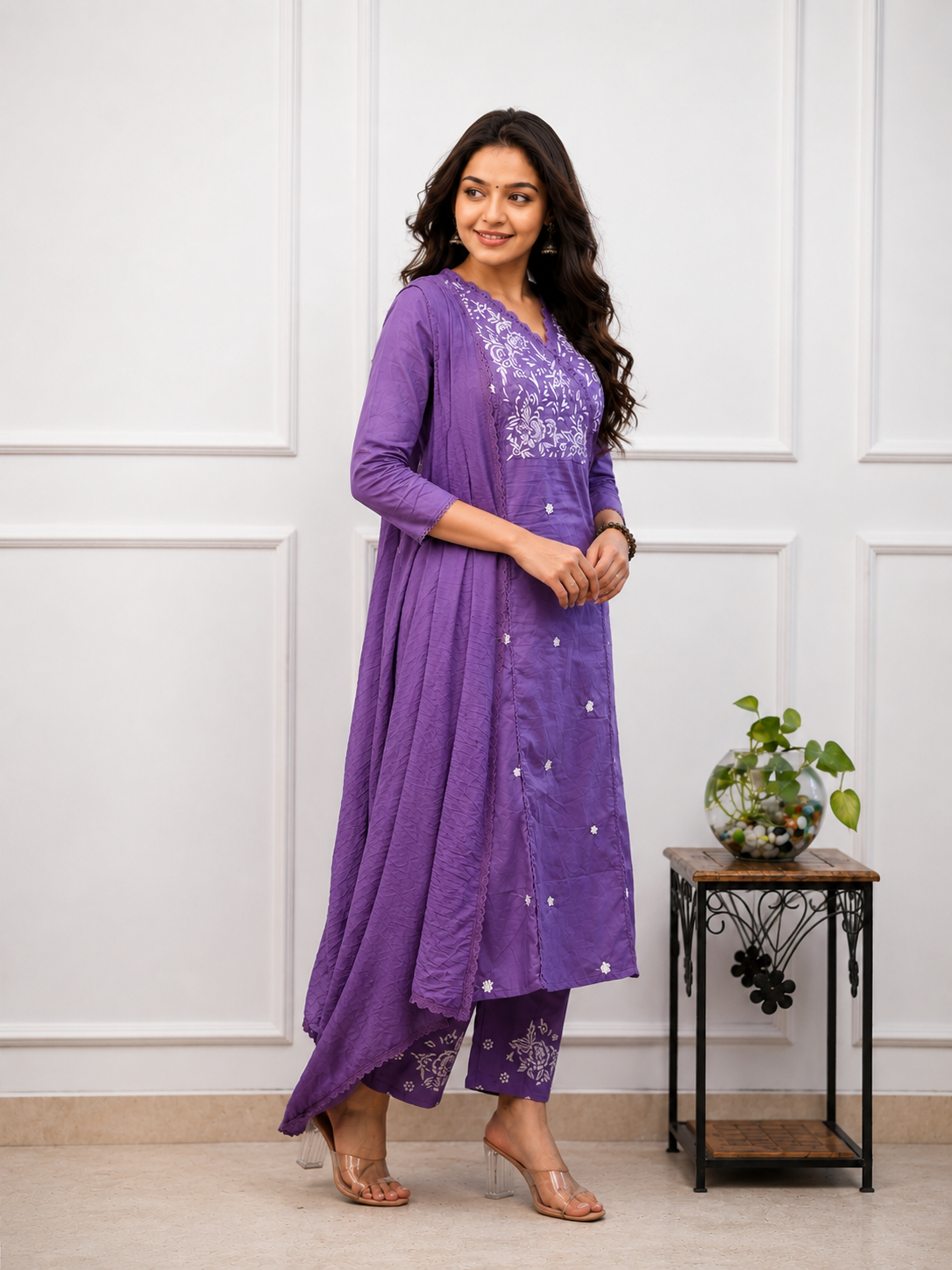 Premium Cotton Kurta Set With Dupatta - Purple.