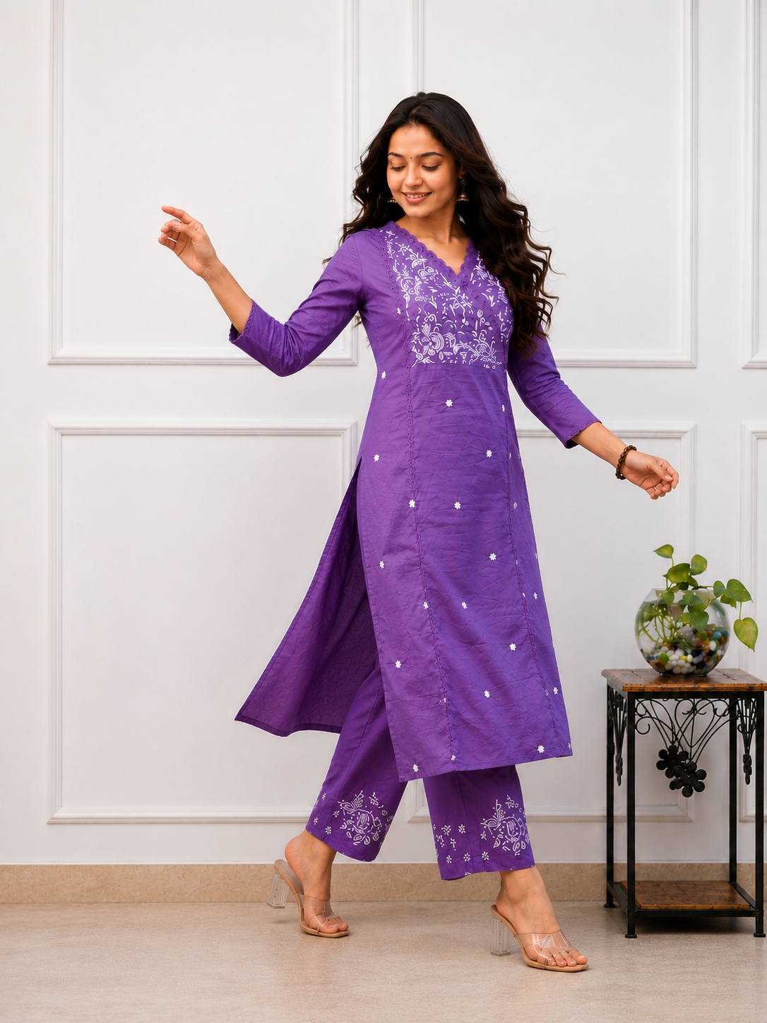 Premium Cotton Kurta Set With Dupatta - Purple.