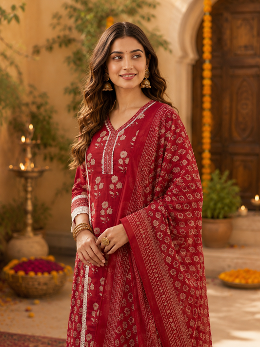 Premium Embroidered Cotton kurta Pant Set-Red