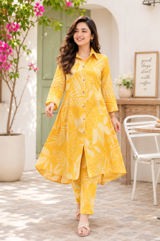 Cotton A-Line Kurta with Ankle Length Pant Co-ord Set-Yellow